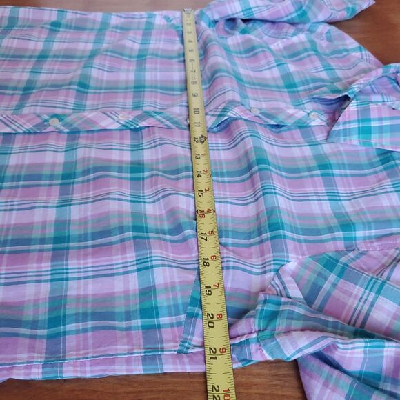 Talbots Long Sleeve Button Up Shirt L Plaid Pink Teal Collar Cotton Lightweight - Picture 8 of 9